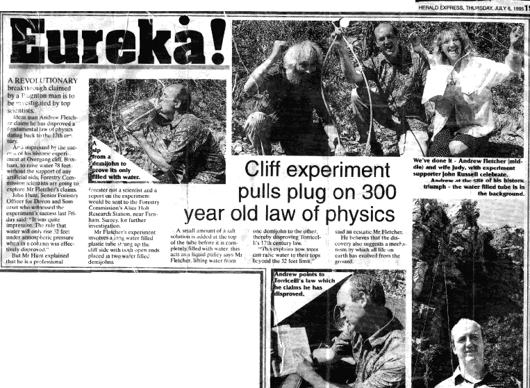 Original press cutting from the Brixham Ciff Experiment showing water flowing up vertical to 24 meters without a pump